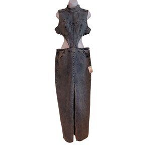 Nichole Lynel High Neck Cutout Denim Maxi Dress